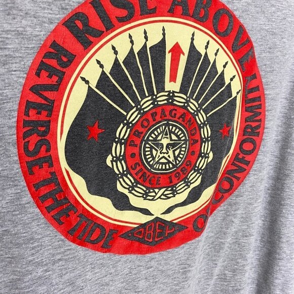 Obey Rise Above Reverse the Tide Graphic T Shirt Grey Red Mens Large - Picture 5 of 6